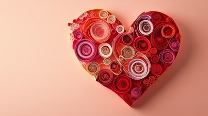 Handmade colorful paper quilled heart on light pink background, perfect for Valentine's Day or romantic themes.