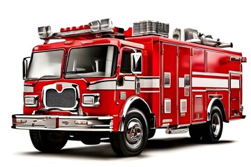 Red fire truck with emergency equipment isolated on white background