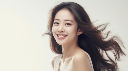 A young Korean girl model tilts her head and smiles gently, radiating joy and confidence in a bright setting