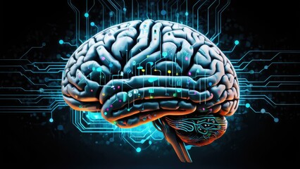 A stylized brain with neon circuit lines and scattered letters, representing the integration of technology and neuroscience, and the advancement of artificial intelligence