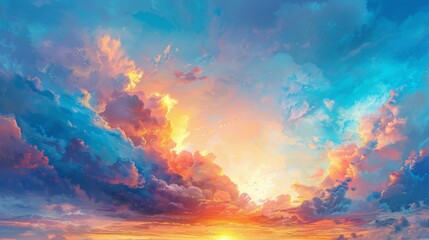 Naklejka premium Beautiful sunset with colorful clouds over a serene ocean horizon