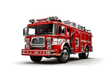 Red fire truck with emergency equipment isolated on white