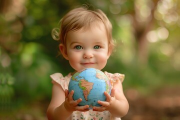 Fototapeta premium Baby girl smiling holding small globe in hands with forest background, safe the world concept