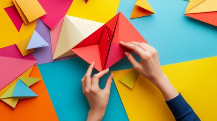 Hands folding colorful origami papers on a bright, vibrant background. Creative paper craft and DIY project concept.
