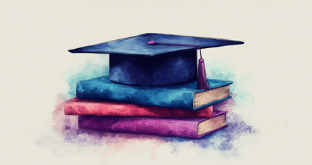 A graduation cap sits atop two stacked books, featuring vibrant colors in a watercolor style, symbolizing education and achievement.