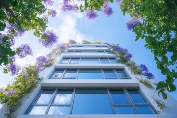 A front view of thin vines with purple flowers on a beautiful white tall modern building