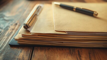 An open file folder with business documents and a pen on a wooden table.