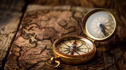 Vintage compass photo with vintage map