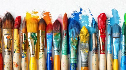 Fototapeta premium Colorful Education Back to School Background with Paintbrushes and Splashes of Paint for Creative Learning and Artistic Inspiration
