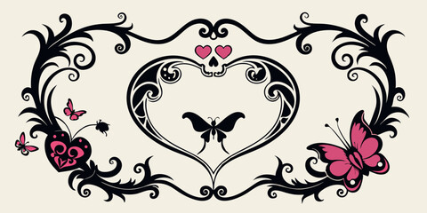 Gothic heart frame set, floral swirl, vector baroque border vintage classic dark antique ornament. Victorian love mystic tattoo, elegant magic decoration skull, butterfly. Halloween gothic frame kit