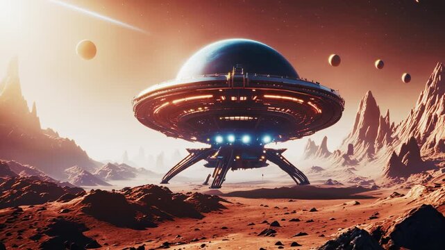 Science fiction illustration of flying saucer like spaceship on the surface of alien planet. Alien planet, planetary exploration. UFO concept. Cinematic sci-fi footage. Dolly out, zoom out.