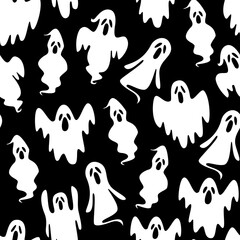 Seamless pattern of playful ghosts on a black background, perfect for Halloween-themed projects and decorations. Ideal for textiles, wallpaper, and fun, spooky designs