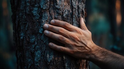 Hand Resting on Rough Tree Bark, Symbolizing Connection to Nature and Growth