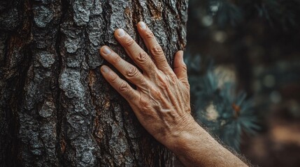 Hand Resting on Rough Tree Bark, Symbolizing Connection to Nature and Growth