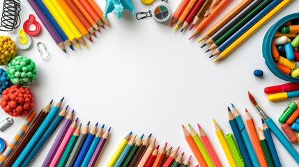 Fototapeta premium Colorful Education Back to School Background with Pencils, Crayons, and Art Supplies on White Surface