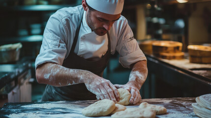 A chef kneading dough with intense concentration, illustrating the dedication to craft.