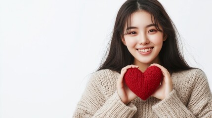 A cheerful Korean girl makes a heart shape with her hands, showcasing her friendly demeanor and wearing a comfortable sweater
