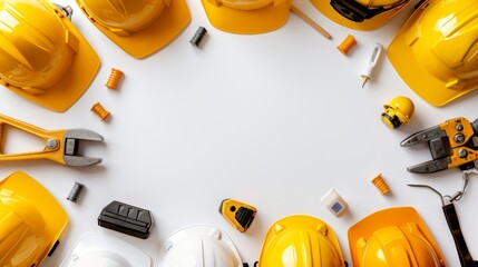 Labor Day Frame Border Background with Construction Tools and Safety Helmets on White Surface