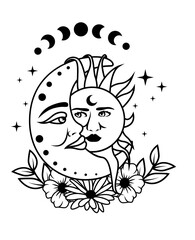 Sun & Moon Celestial | Floral Celestial | Floral Sun & Moon | Mystical | Celestial | Moon Phase | Crescent Moon | Celestial w/Flower | Original Illustration | Vector and Clipart | Cutfile and Stencil
