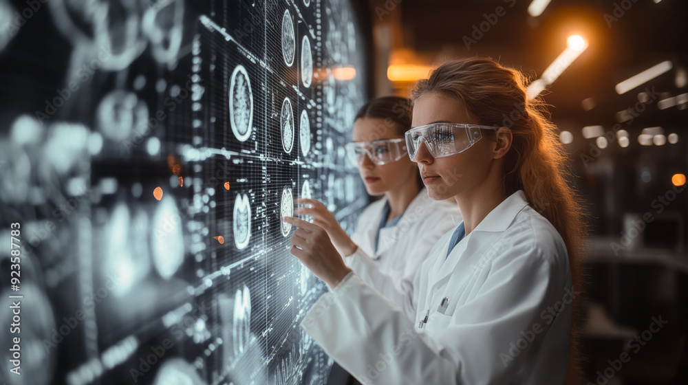 Poster Two scientists focus on interpreting complex data displayed on a high-tech screen in a dimly lit lab.