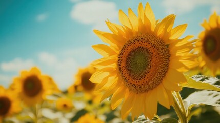Obraz premium A close-up of a vibrant sunflower field under a bright blue sky, creating a cheerful and sunny background.