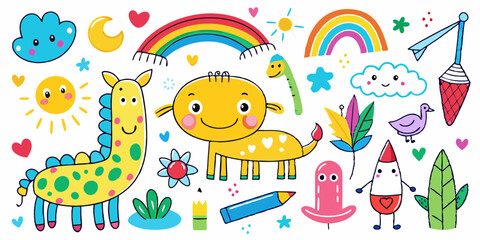 Kids drawing illustration, vector children color pencil naive doodle set, cute cartoon animals. Kindergarten funny wax crayon sketch, giraffe, crocodile, shark, rainbow, flower. Kids drawing clipart