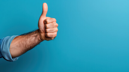 Close-up of a thumbs up gesture against a solid blue background, representing approval, success, or positivity.