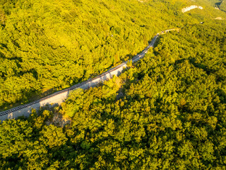 Aerial view of an old railway in the mountains between a dense green forest. International...