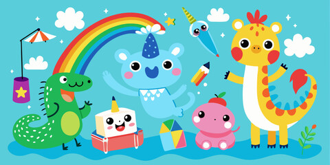 Kids drawing illustration, vector children color pencil naive doodle set, cute cartoon animals. Kindergarten funny wax crayon sketch, giraffe, crocodile, shark, rainbow, flower. Kids drawing clipart