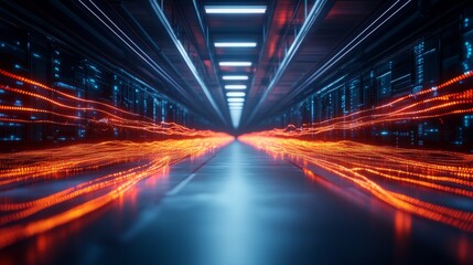 Fototapeta premium Digital Tunnel of Light: A mesmerizing digital corridor with glowing red and blue lights, creating an abstract and futuristic scene. This captivating image invites viewers to explore the endless possi