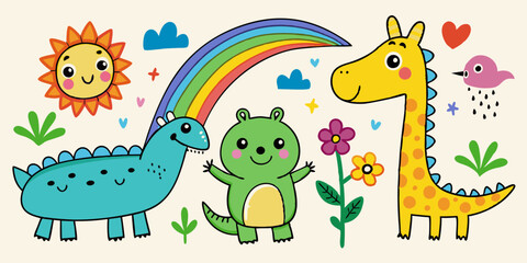 Kids drawing illustration, vector children color pencil naive doodle set, cute cartoon animals. Kindergarten funny wax crayon sketch, giraffe, crocodile, shark, rainbow, flower. Kids drawing clipart