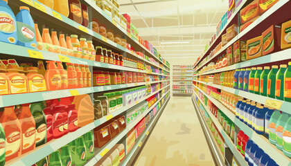 Obraz premium The Aisle Odyssey: Navigating the Maze of Choices in a Grocery Store - Imagine a labyrinth of shelves filled with an array of products, each promising a unique culinary adventure