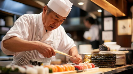 A chef preparing sushi with meticulous care, highlighting the precision and dedication to tradition.