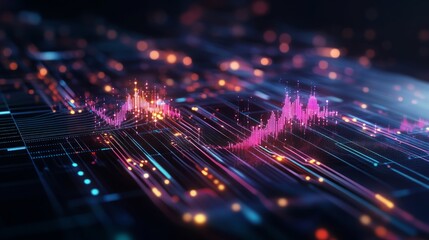 Fototapeta premium Digital Pulse: A mesmerizing abstract image of a glowing, pulsating line graph on a digital circuit board, reflecting the dynamic energy of data flow and technological innovation. 