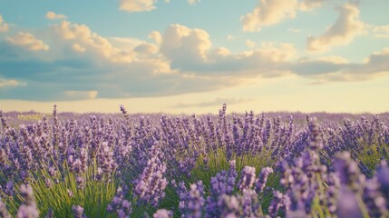 Obraz premium A field of blooming lavender under a summer sky, offering a serene and calming background.