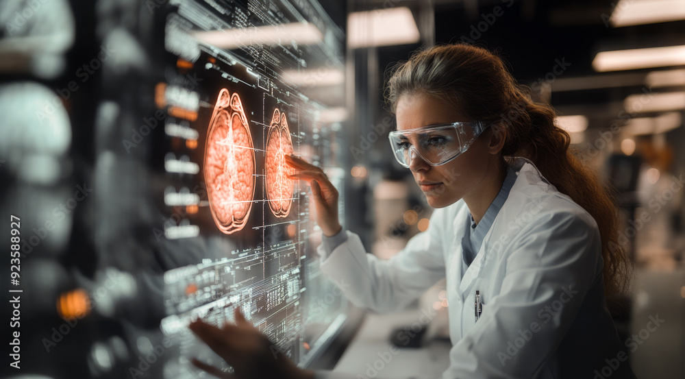 Aufkleber A research scientist examines brain scan data on a large touchscreen in a high-tech lab environment.