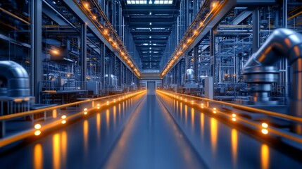 Obraz premium Industrial Powerhouse: A mesmerizing perspective down a vast industrial corridor, illuminated by warm, glowing lights, showcasing the intricate network of pipes, machinery, and structures that fuel mo
