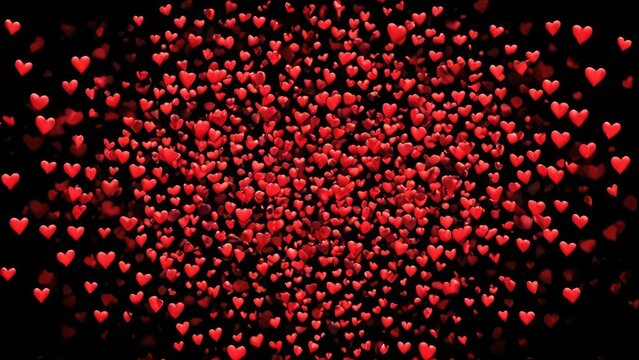 A vibrant display of red hearts in varying sizes arranged in a symmetrical pattern against a black background, creating a striking visual representation of love and affection