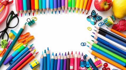 Colorful Education Back to School Background with Pencils, Crayons, and School Supplies on White