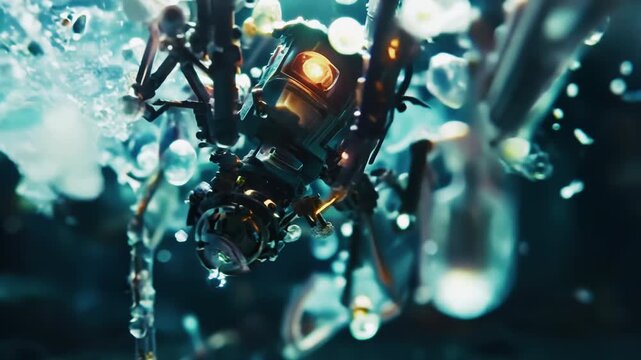 Macro close-up of a futuristic spider nanobot dissolving. Microscopic robot, future technology, nanotechnology concepts. Sci-fi cinematic clip. High quality 4k footage