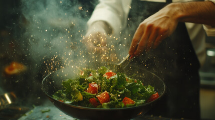 A chef tossing a salad with expertise, highlighting the dedication to freshness and quality.