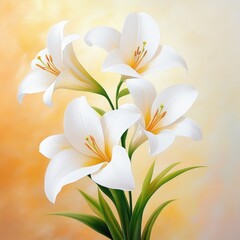 Naklejka premium Beautiful white lilies bloom gracefully against a soft golden background in springtime light