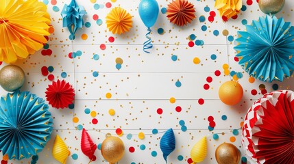 Fototapeta premium Festive Frame Border Background for Labor Day Celebrations with Colorful Decorations and Confetti on White Wooden Surface