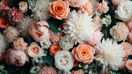 A vivid image features a bouquet of various flowers including roses, dahlias, and peonies in full bloom, offering a visually delightful mix of pinks, whites, and greens.