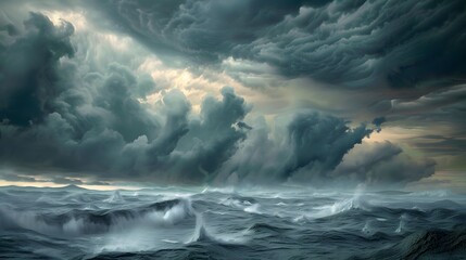 Obraz premium Stormy ocean with dark clouds and turbulent waves under a dramatic sky