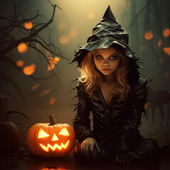 A beautiful witch in a black outfit with blonde hair and a pointy hat, crouching beside a glowing jack-o'-lantern, in a Halloween atmosphere, fantasy background, in the style of digital art