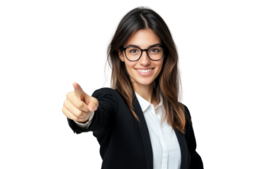 A happy woman in professional attire smiles and points directly at the viewer, exuding confidence and approachability