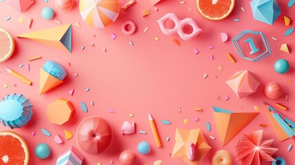 Fototapeta premium Colorful Border Frame Background with Back to School Elements - Pencils, Geometric Shapes, and Fruits on Pink