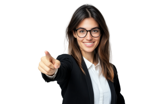 A happy woman in professional attire smiles and points directly at the viewer, exuding confidence and approachability