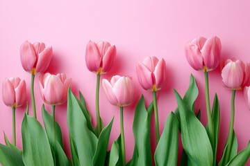 Fototapeta premium Pink Spring Tulips on a Pink Background, generative ai